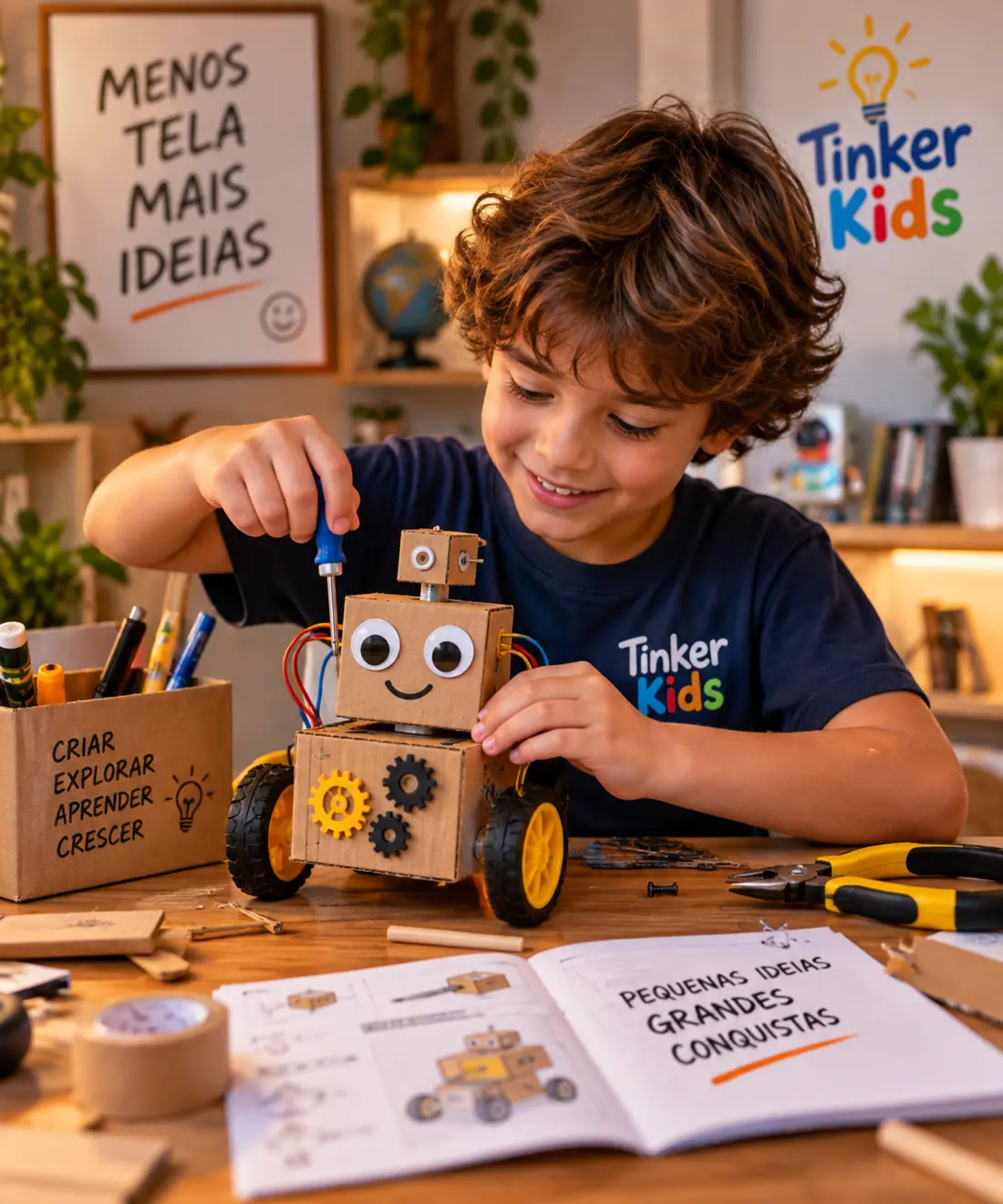 Criança construindo um projeto de robótica TinkerKids com materiais simples.